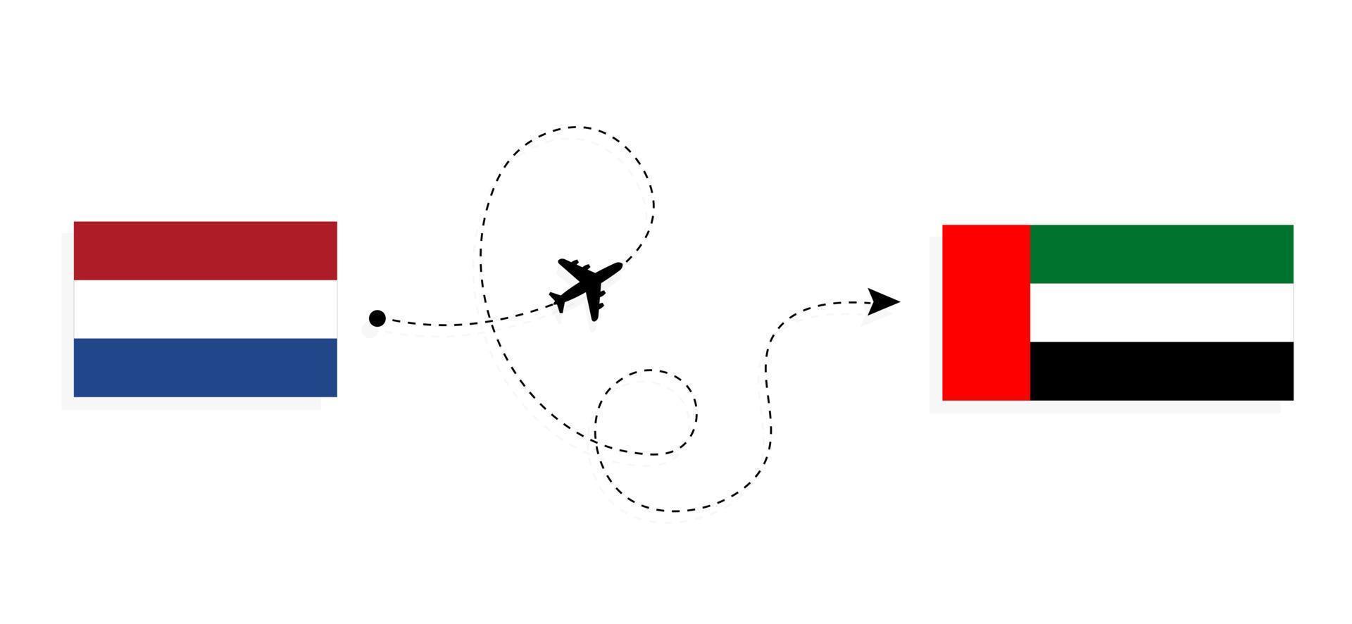 vuelo y viaje desde países bajos a emiratos árabes unidos en avión de pasajeros concepto de viaje vector