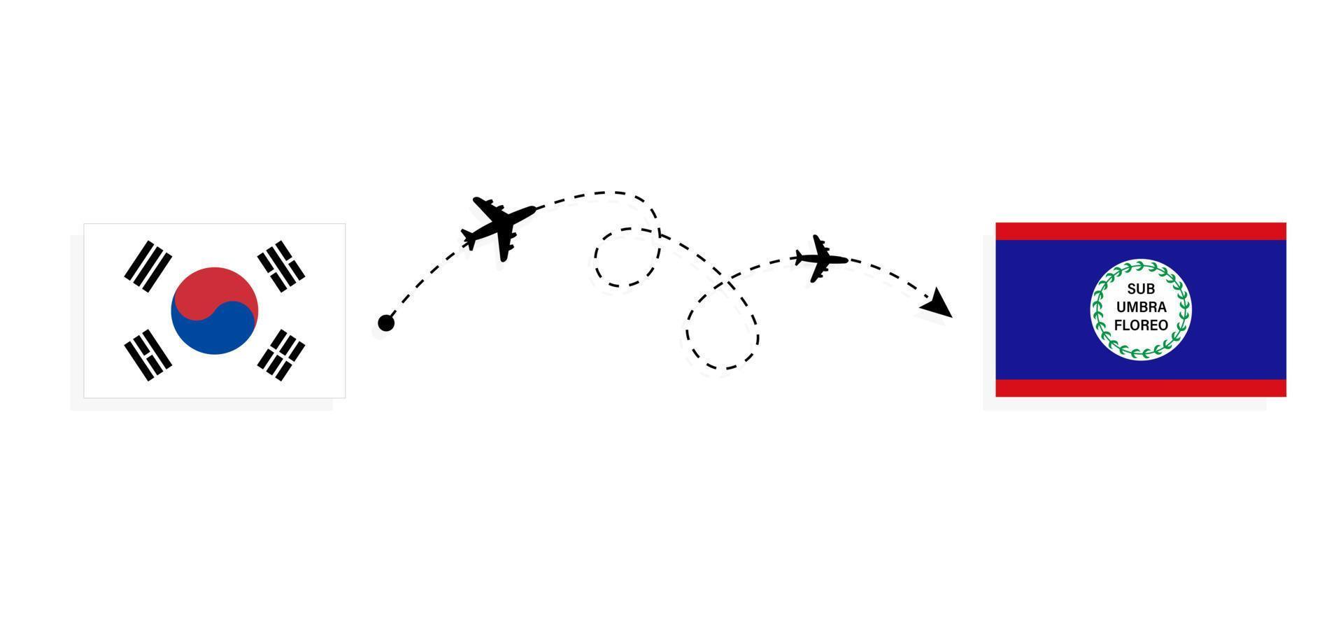 vuelo y viaje desde corea del sur a belice en avión de pasajeros concepto de viaje vector