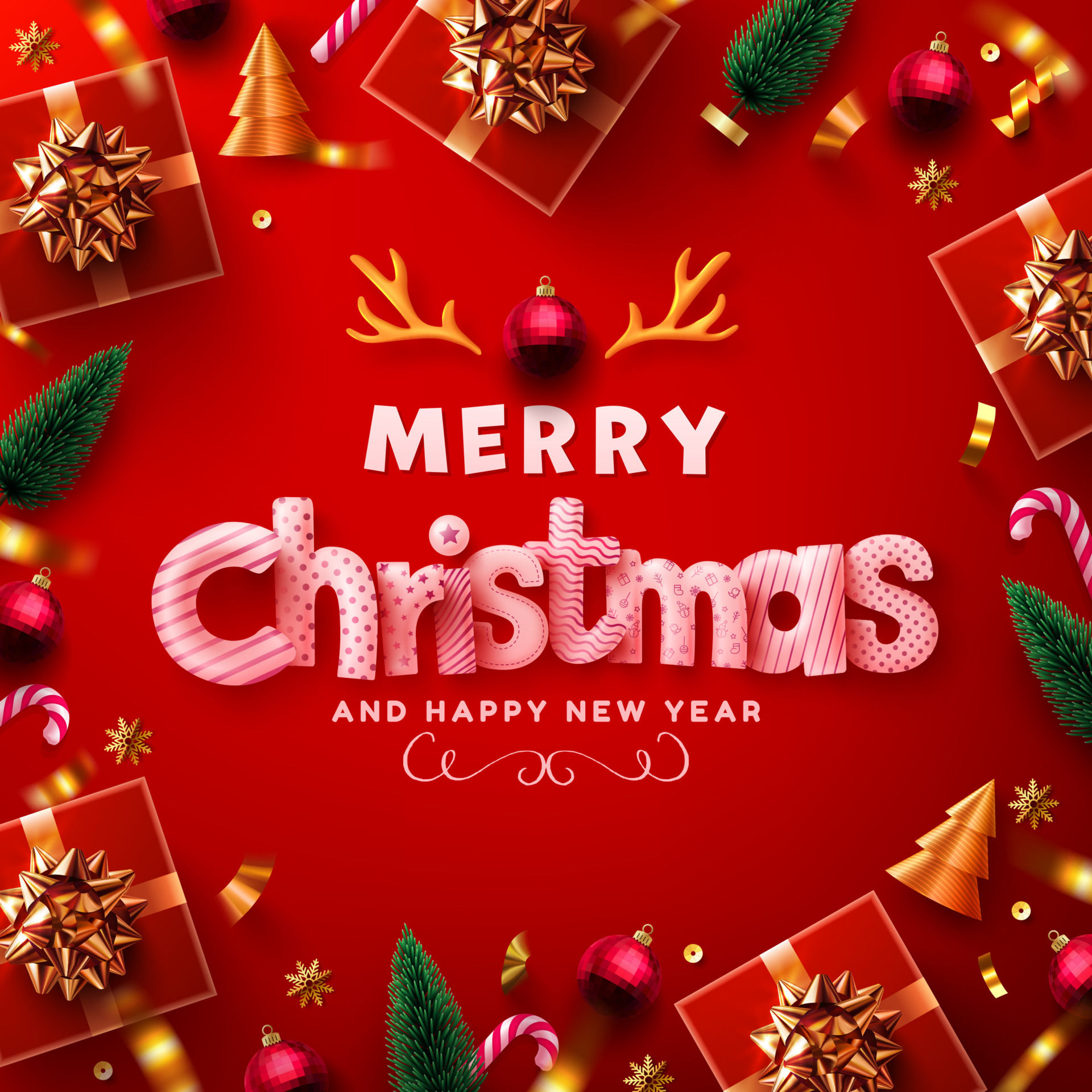 Merry Christmas and Happy New Year Poster or banner with red gift box