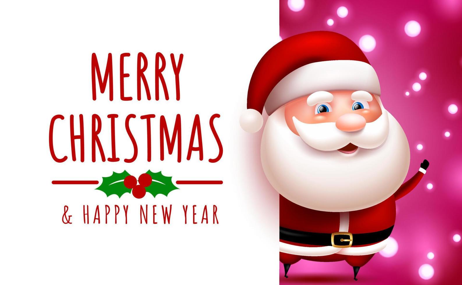 Christmas santa vector template design. Merry christmas text in empty white space with happy waving santa claus character for xmas holiday greeting card. Vector illustration.