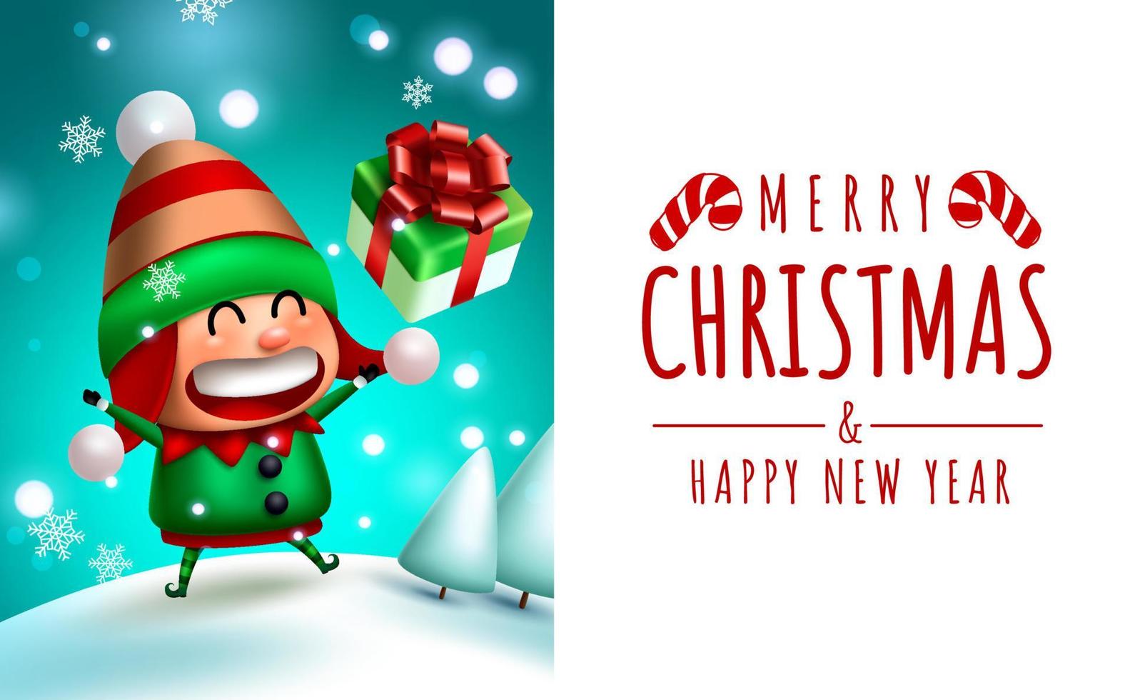 Christmas elf vector template design. Merry christmas greeting text in empty space with playful elf character outdoor for xmas season card messages. Vector illustration.