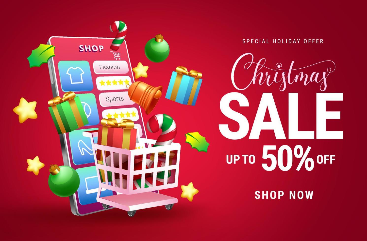 Christmas sale online vector banner. Christmas sale text with online shopping app in mobile phone discount for xmas order online promotion shop ads. Vector illustration.