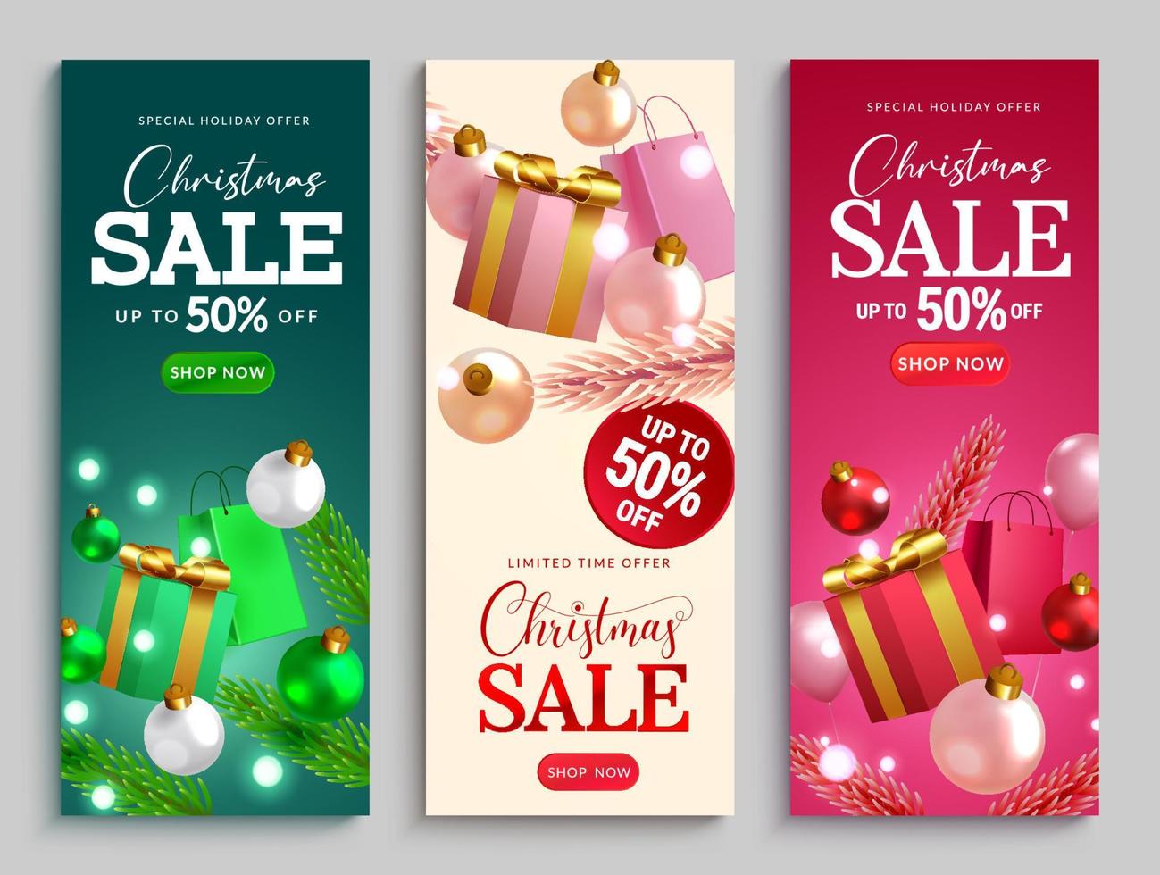 Christmas sale vector poster set. Christmas sale holiday offer text promo for xmas gifts shopping discount and clearance promotion. Vector illustration.