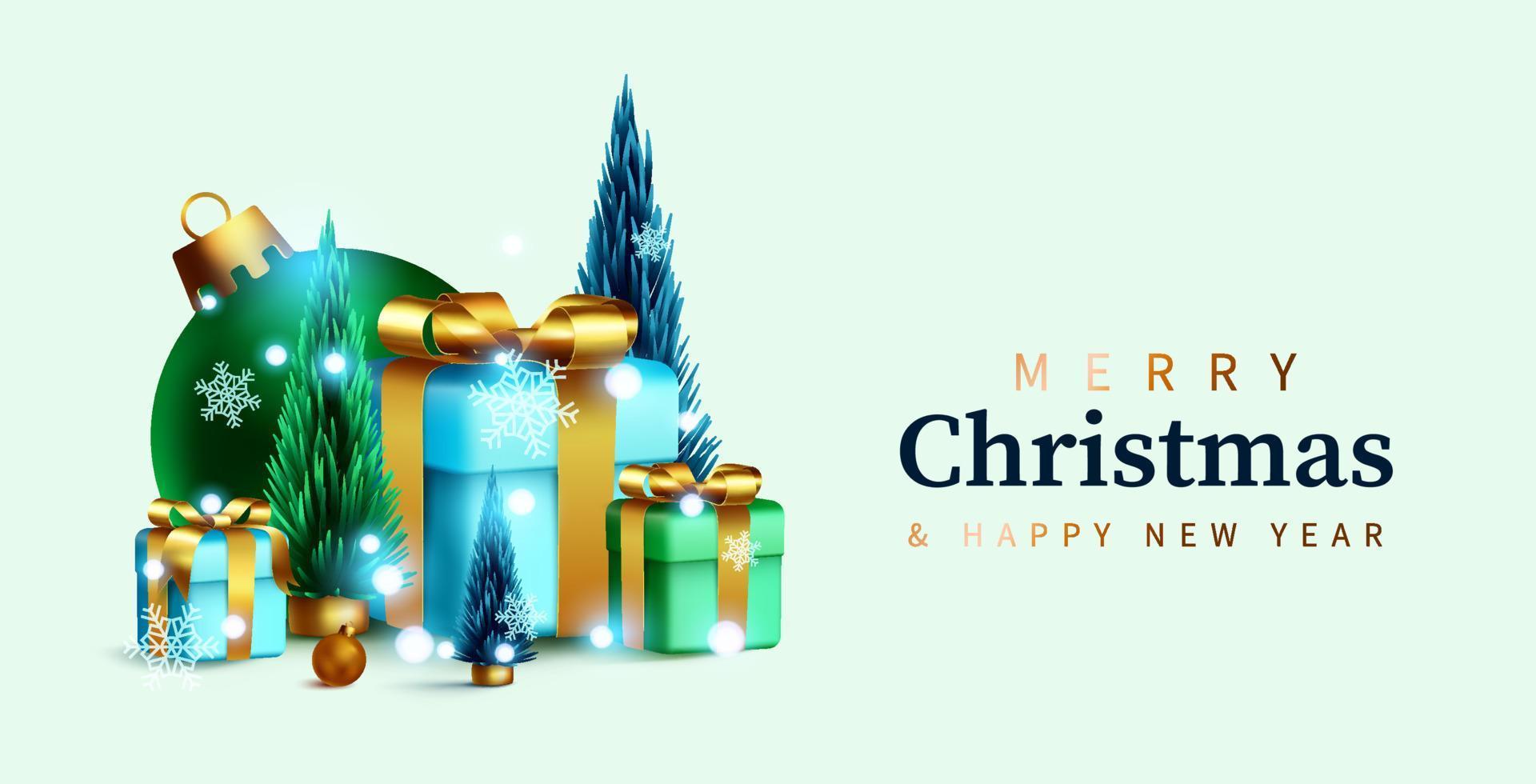 Merry christmas vector background design. Merry christmas greeting text with gift box, pine tree and xmas balls miniature element for holiday season celebration. Vector illustration