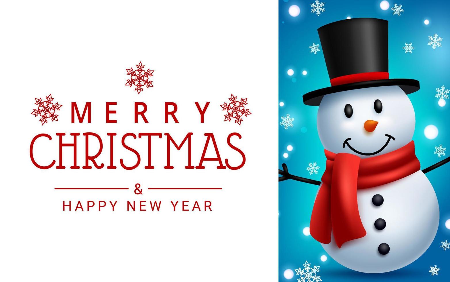 Christmas snowman vector template design. Merry christmas text in white empty space with friendly snow man character for xmas season greeting card. Vector illustration.