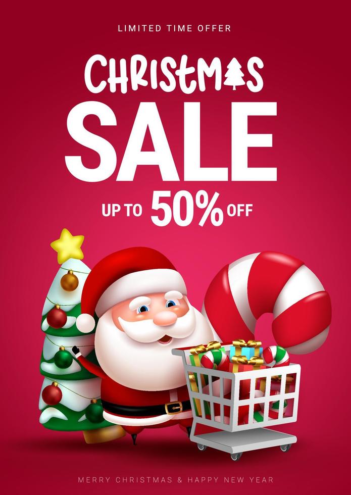 Christmas sale vector poster design. Christmas sale text discount with santa claus and cart element for xmas gift shopping seasonal promotion banner. Vector illustration.