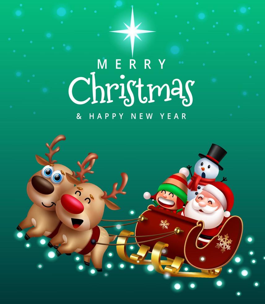 Christmas greeting characters vector design. Merry christmas text with santa claus, elf and snowman character riding sleigh in xmas eve for fun holiday season. Vector illustration.