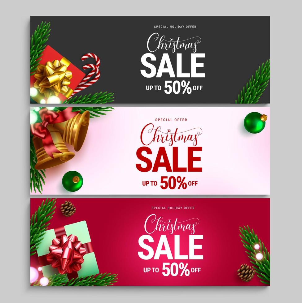 Christmas sale vector banner set. Christmas sale special offer text with price discount for seasonal xmas celebration shopping promo. Vector illustration.