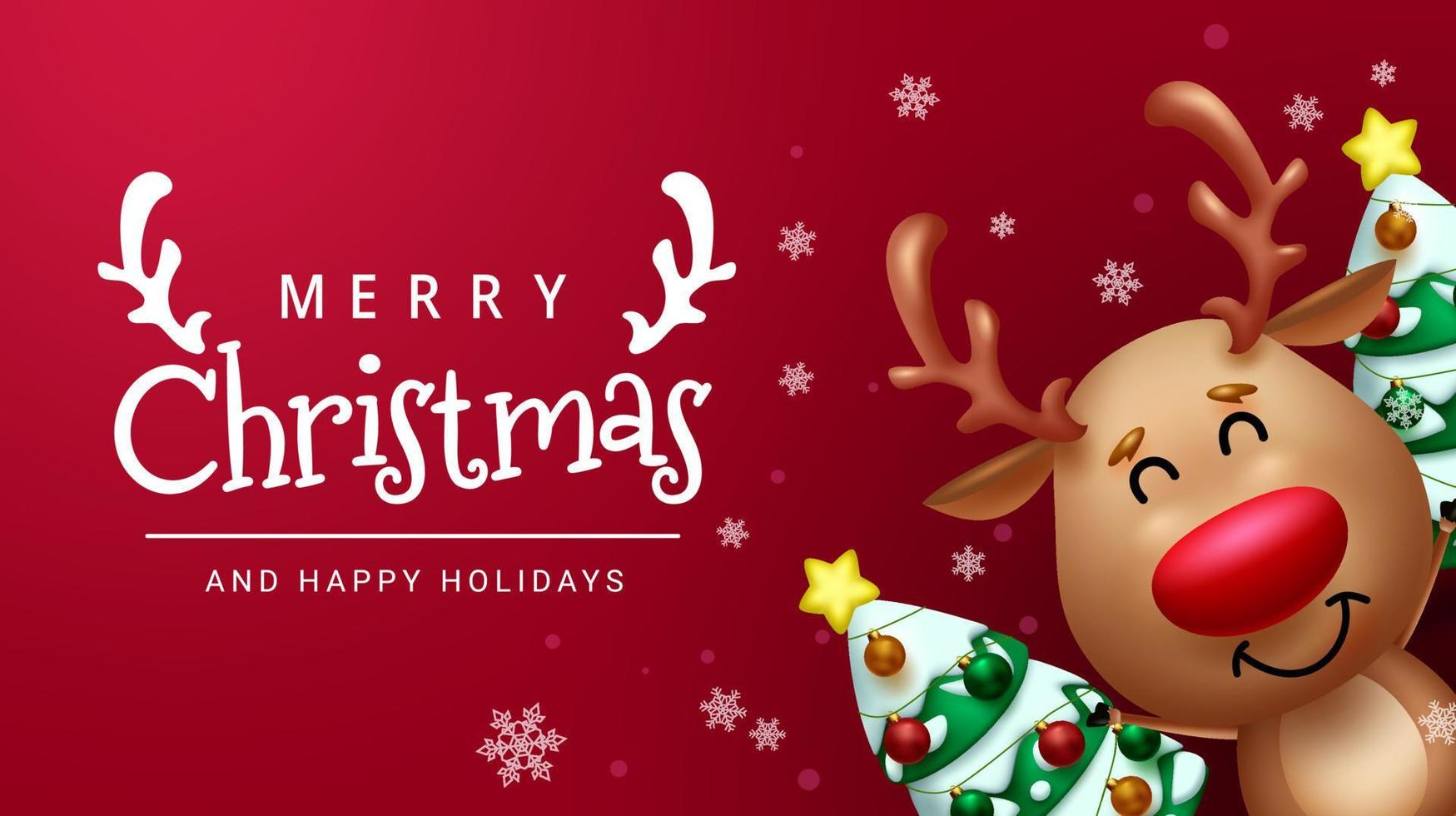 Merry christmas reindeer vector design. Merry christmas greeting text with santa's reindeer character in cute, smiling and jolly expression for xmas holiday season. Vector illustration.