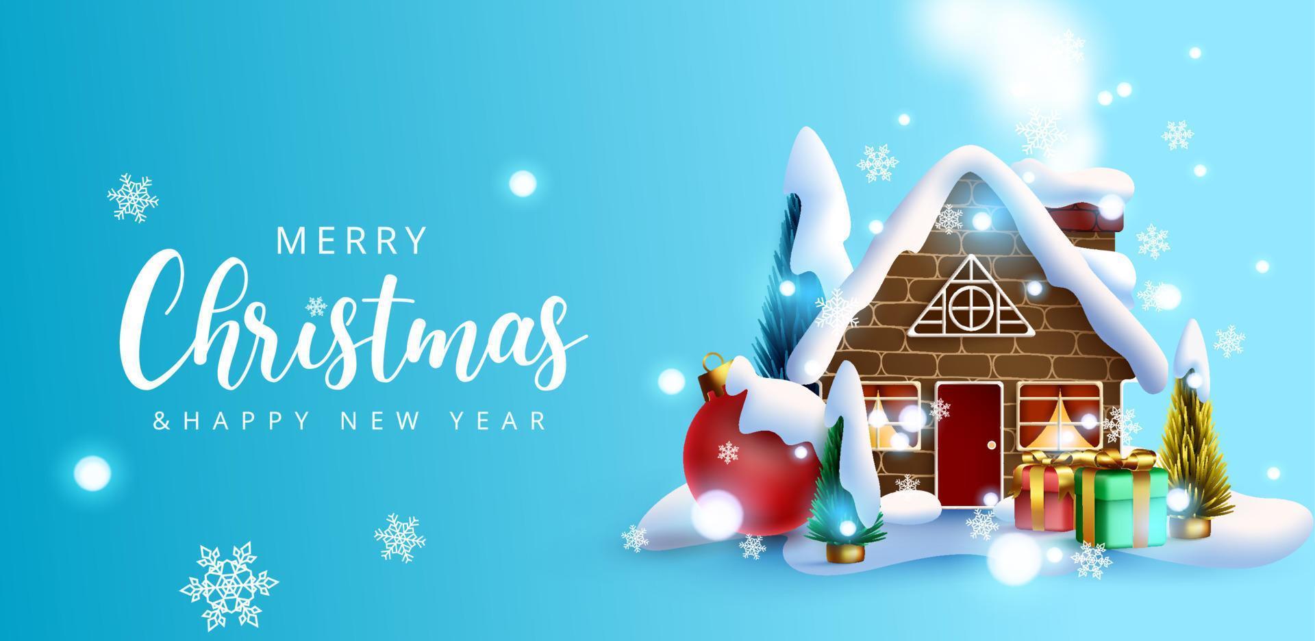 diseño de fondo de vector de Navidad. Feliz Navidad saludo texto con casa en miniatura, árboles y elementos de bola en la celebración navideña de nieve helada. ilustración vectorial