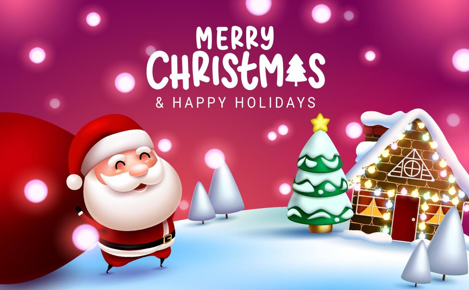 Merry christmas vector design. Merry christmas text with santa claus character walking and holding sack bag in outdoor xmas eve for holiday season. Vector illustration