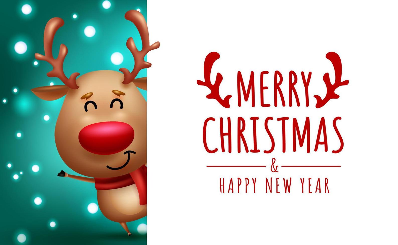 Christmas reindeer vector template design. Merry christmas greeting text in empty blank space with cute waving reindeer character for holiday season messages. Vector illustration.
