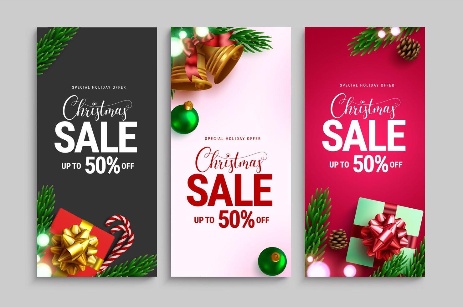 Conjunto de carteles de vector de venta de Navidad. Texto de oferta navideña de venta navideña con descuento promocional para la colección de banners publicitarios de compras de temporada navideña. ilustración vectorial.