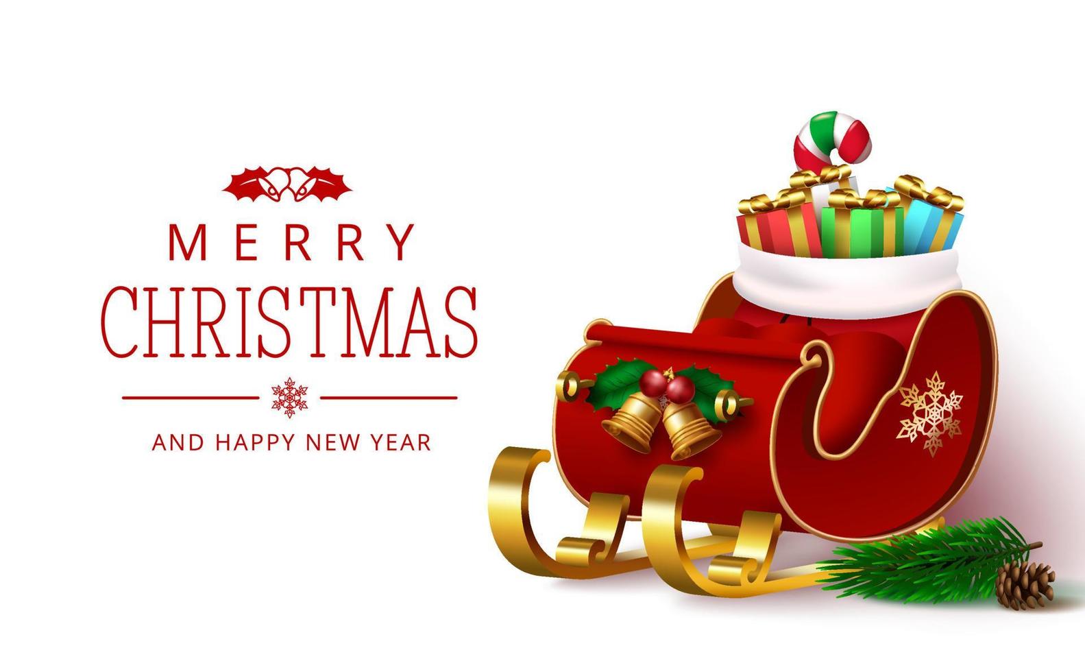 Diseño de plantilla de vector de trineo de Navidad. Feliz Navidad saludo texto con trineo de Papá Noel, regalos y bolsa para Navidad dando tarjeta de celebración de temporada. ilustración vectorial.