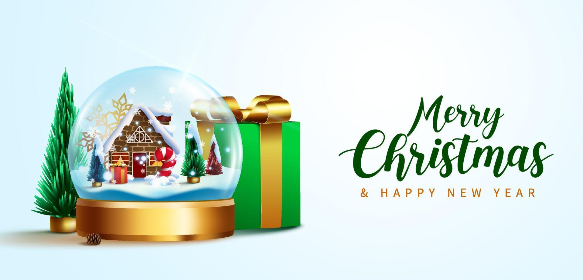 Merry christmas greeting vector design. Merry christmas text with snow glass ball and miniature elements for xmas and new year celebration gift and decoration. Vector illustration