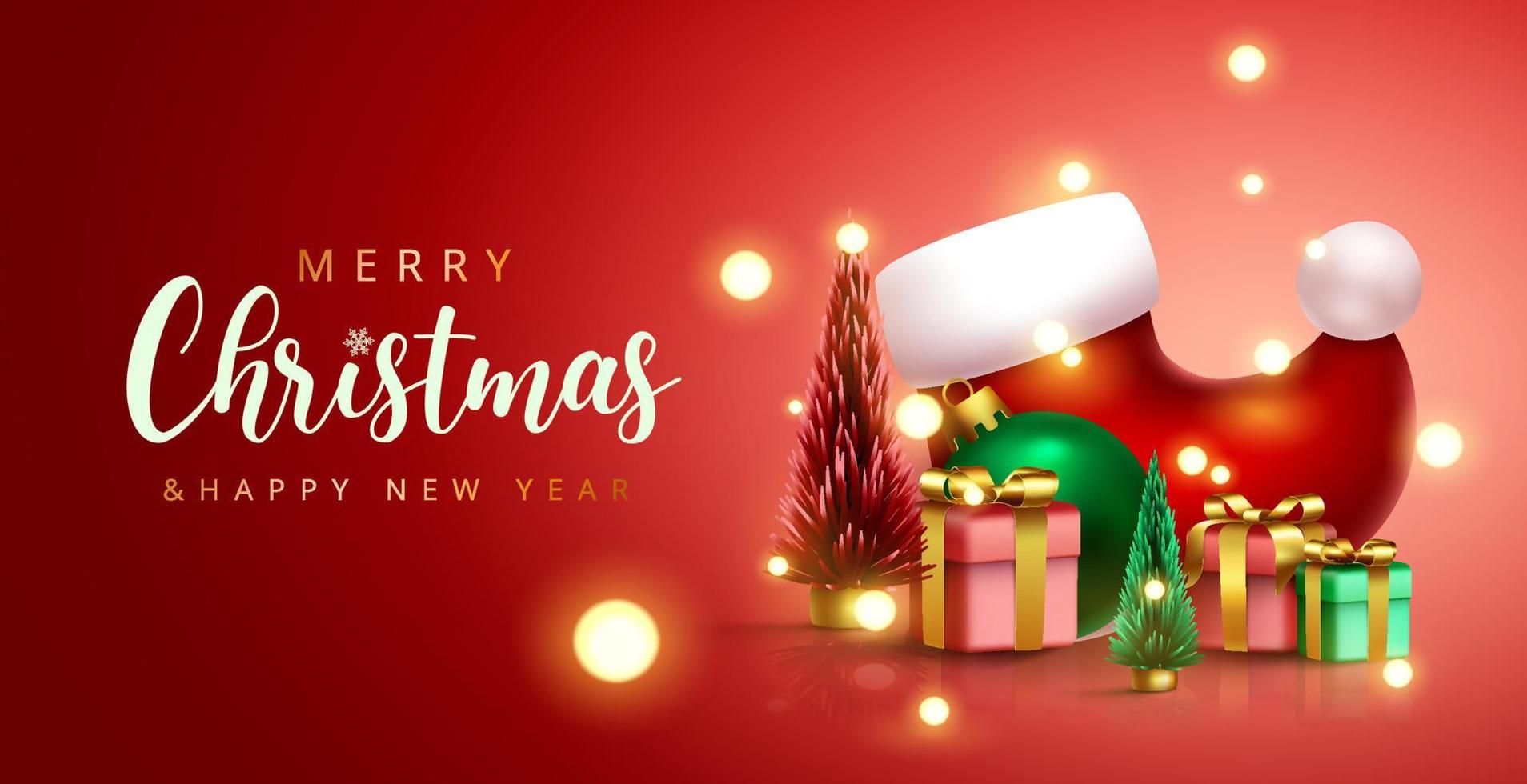 Christmas greeting vector design. Merry christmas and happy new year text with santa skating shoes, gifts and floating lights miniature elements for xmas decoration. Vector illustration