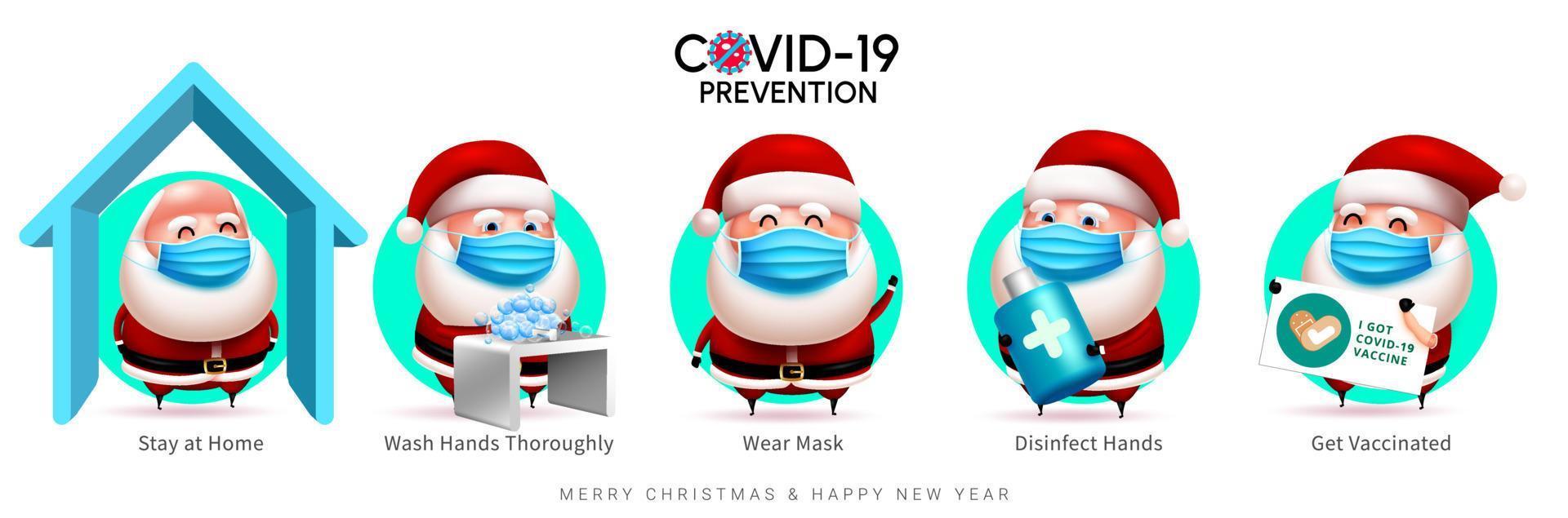 Diseño vectorial de prevención de covid-19 de Navidad. texto de prevención covid-19 con personajes 3d de santa claus en medidas de seguridad para la campaña de seguridad navideña. ilustración vectorial. vector