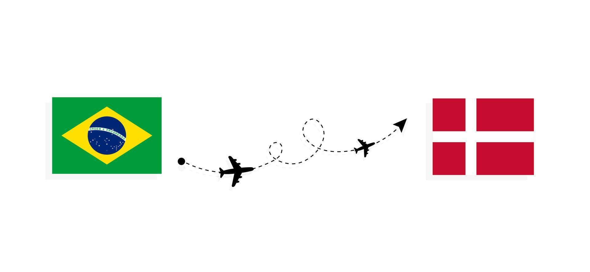 Vuelo y viaje desde Brasil a Dinamarca en avión de pasajeros concepto de viaje vector