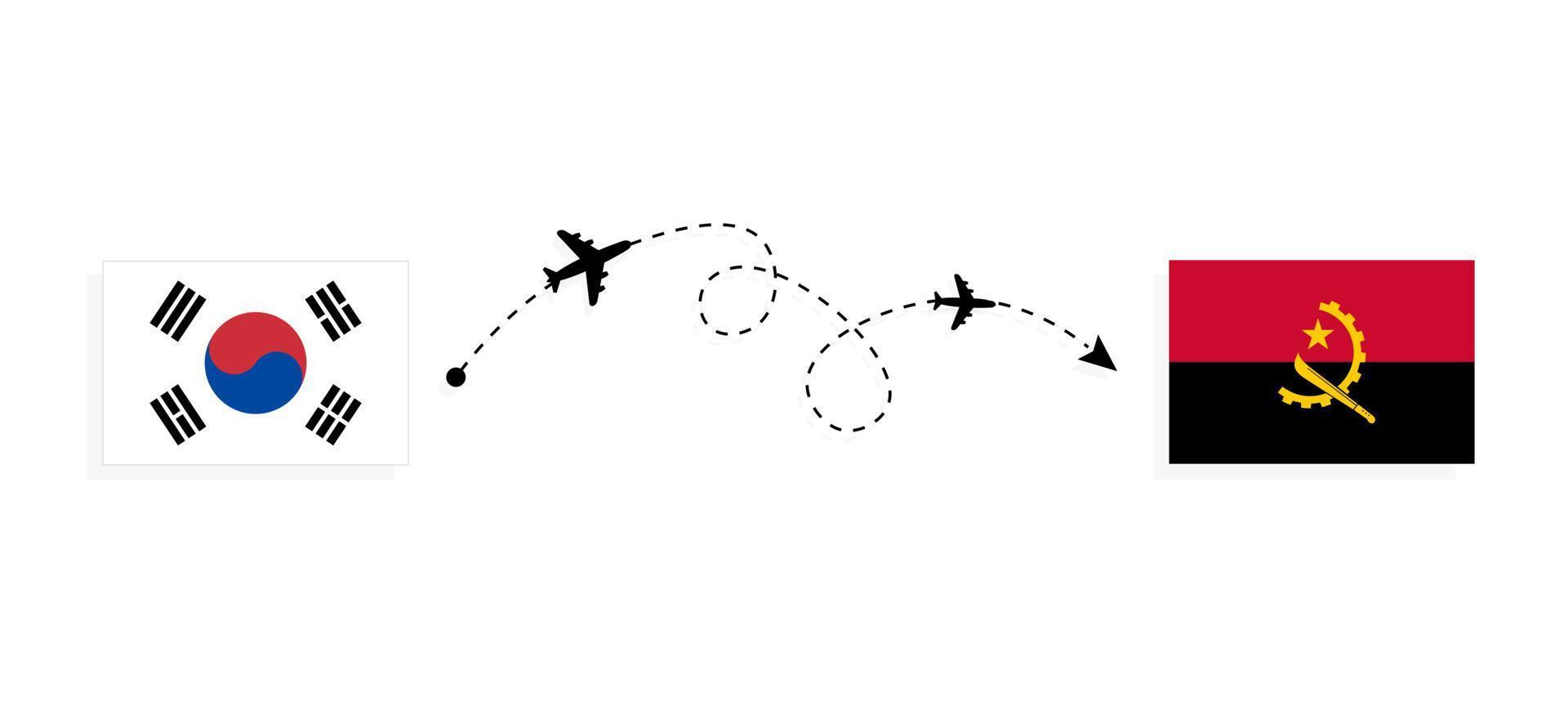 vuelo y viaje desde corea del sur a angola en avión de pasajeros concepto de viaje vector