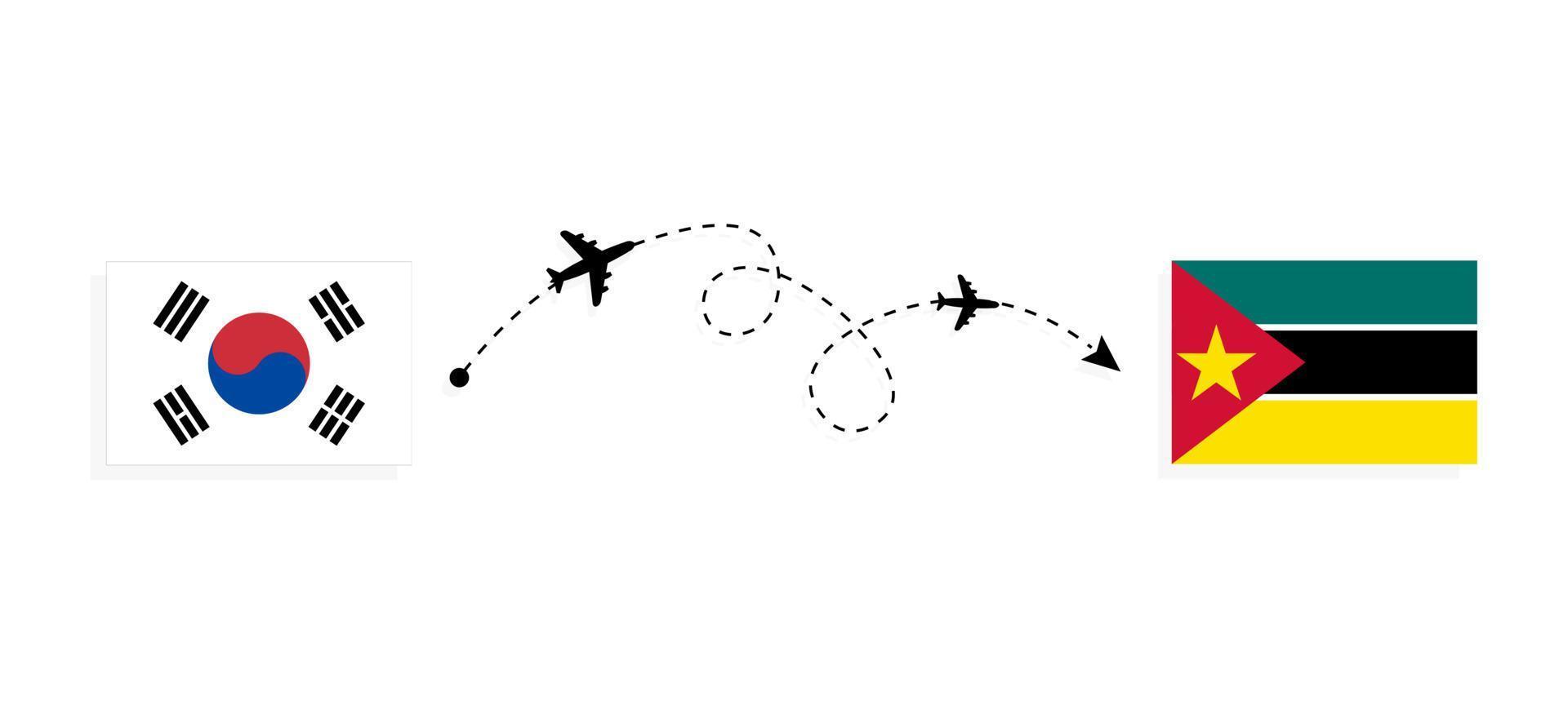 vuelo y viaje desde corea del sur a mozambique en avión de pasajeros concepto de viaje vector