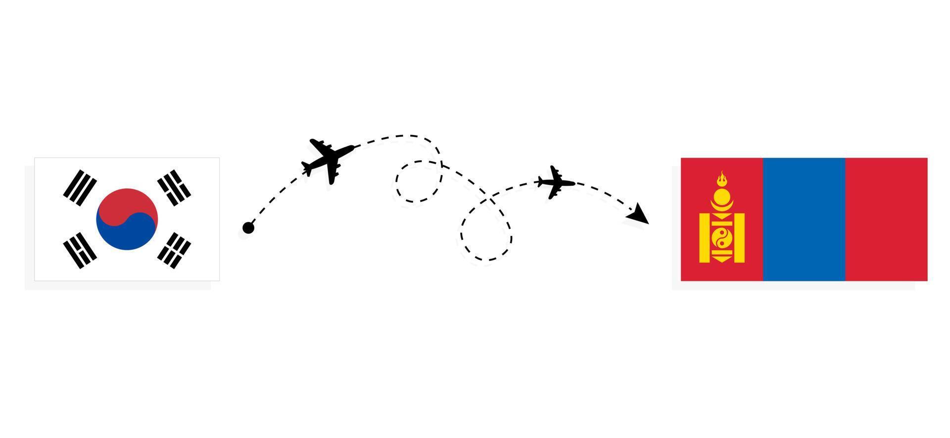 Flight and travel from South Korea to Mongolia by passenger airplane Travel concept vector