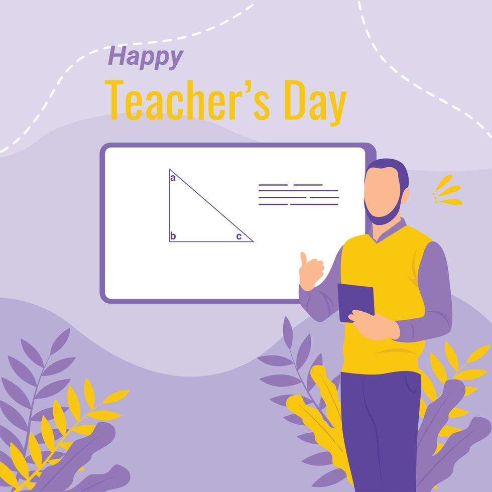 Illustration vector graphic of teacher day. Flat illustration for poster and flyer. Handsome teacher explaining gesture with beautiful flower ornament