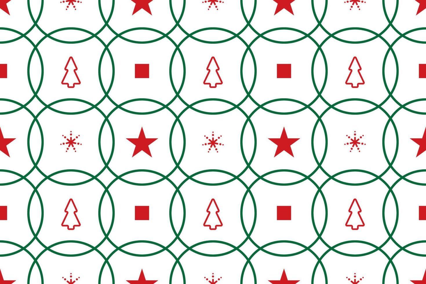 Seamless pattern with Christmas symbol, green and red colour on white background, geometric star, rectangle and circle shape. Vector illustration.