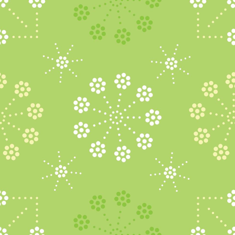 Seamless pattern with colorful of circle shape, beautiful white flowers on green background. Vector illustration.