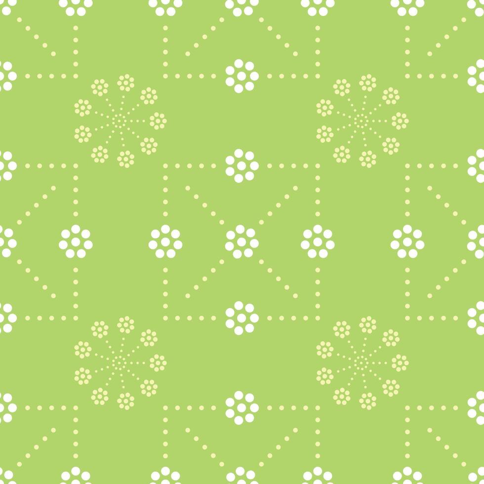 Seamless pattern with colorful of circle shape, beautiful white flowers on green background. Vector illustration.