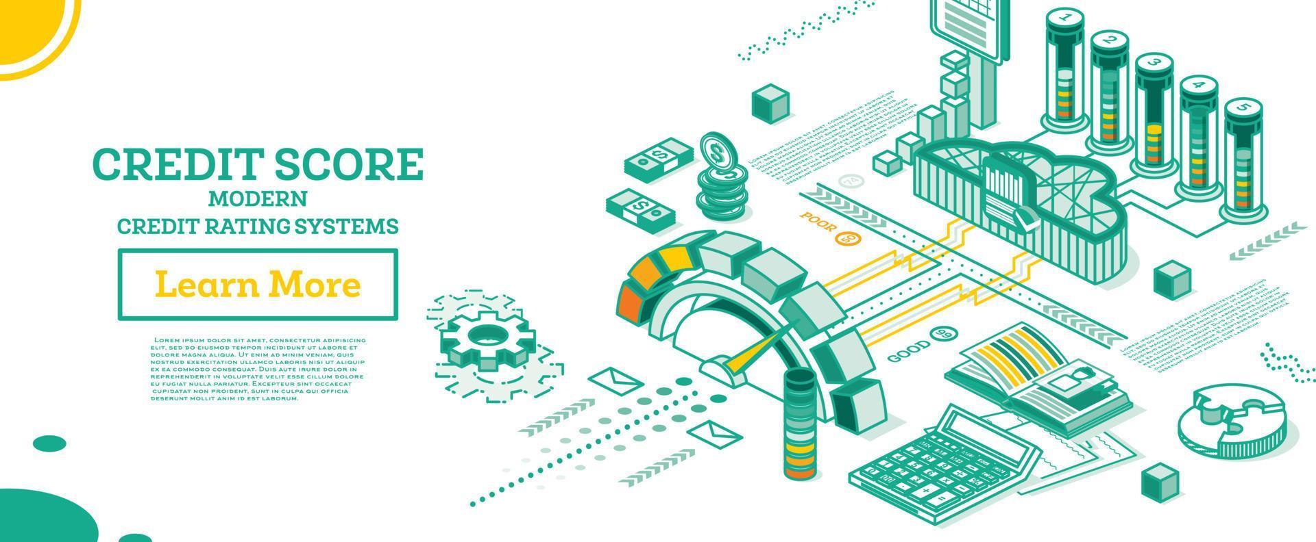 Isometric Personal Credit Score or Rating Concept. Credit Score Calculated in Computer's Cloud. vector