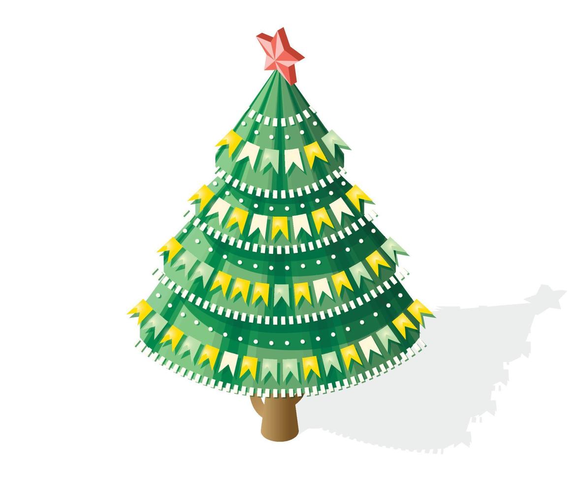 Isometric Christmas Tree with Garland, Flags and Red Star. vector