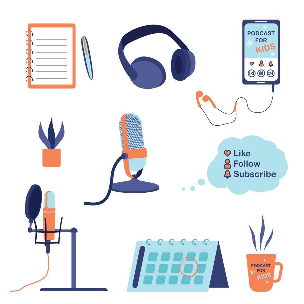 Podcast for kids items bundle - notebook, headphones, smartphone with earphones, plant, microphone, thought bubble, calendar, tea cup vector