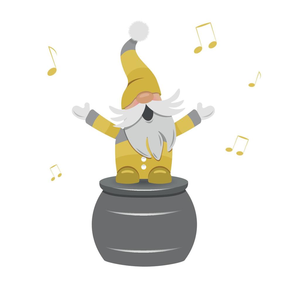 Gnome Singer stand on pedestal and sings. Notes flying around. Concert. vector