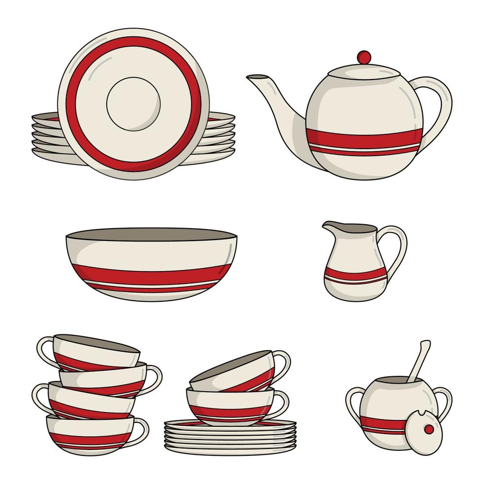 Juego de té de cerámica con franja roja. batería de cocina. vector