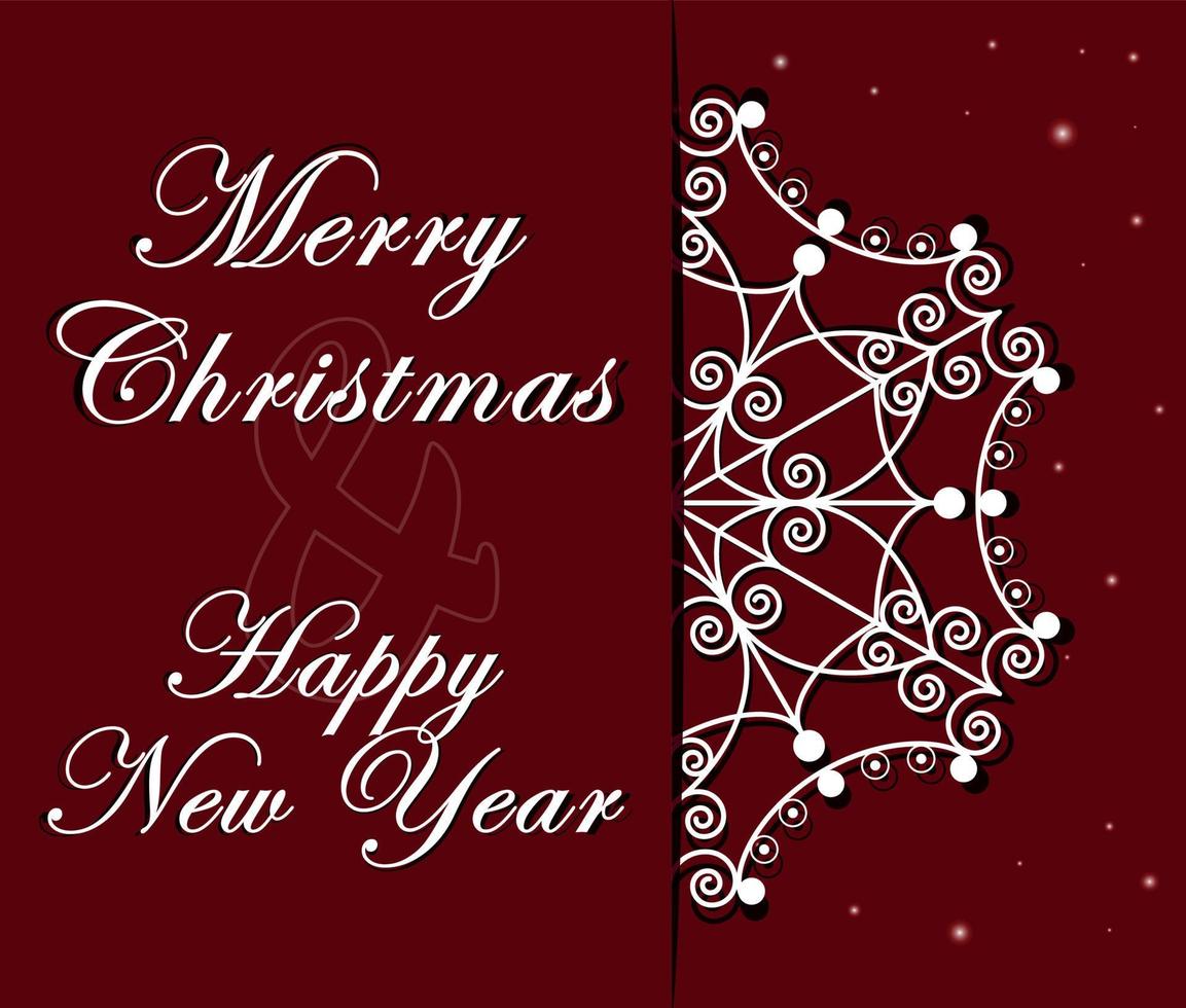 Merry Christmas and Happy New Year Greeting Card with snowflake. Red background. Ornament. vector