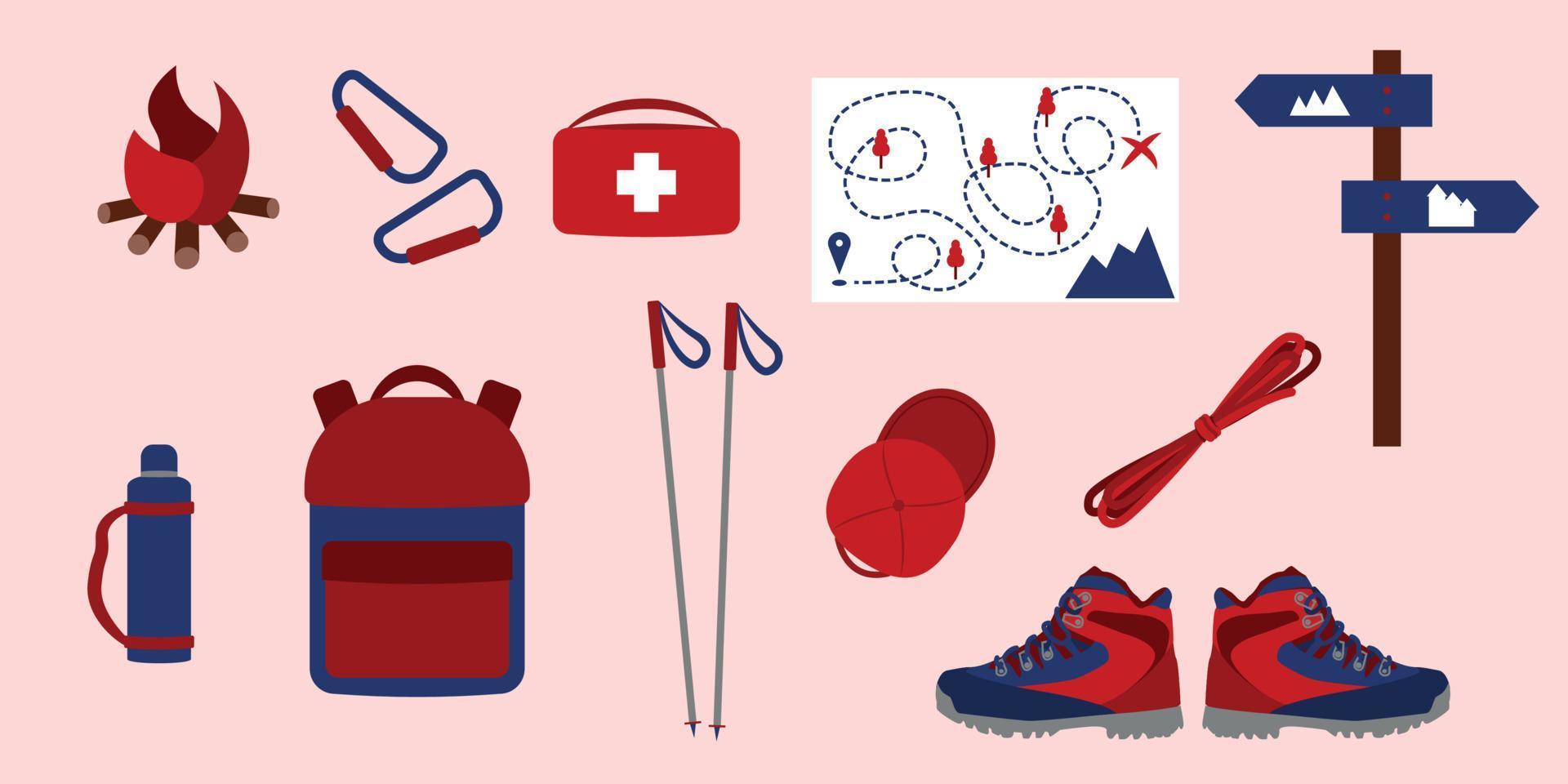 Hiking and travel equipment bundle. Set of boots, nordic walking sticks, map, thermos, cap, backpack, first aid kit, sign, fire, carbines and rope. Vector illustration in flat style.