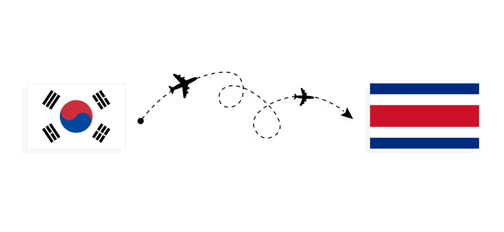 vuelo y viaje desde corea del sur a costa rica en avión de pasajeros concepto de viaje vector