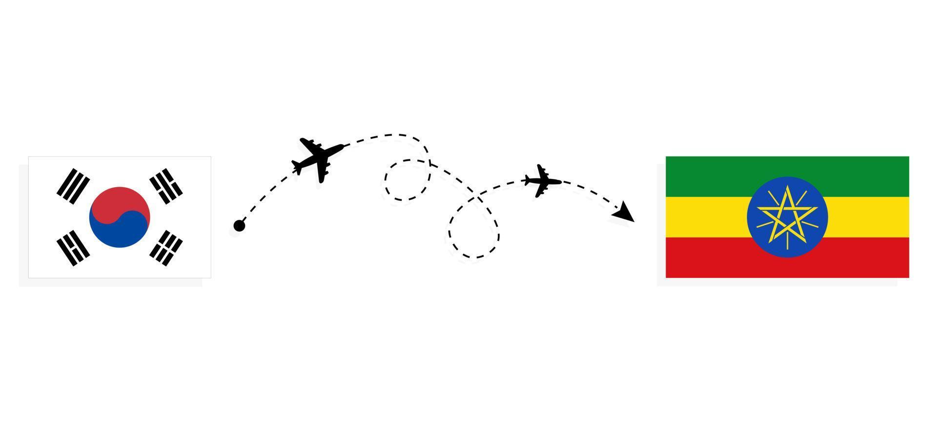 Vuelo y viaje desde Corea del Sur a Etiopía en concepto de viaje en avión de pasajeros vector