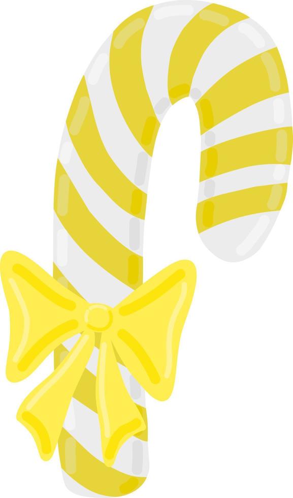 Yellow striped holiday candy cane vector illustration. Christmas tree decoration with bow. Holiday sweet element