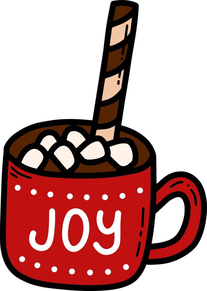 Doodle hot cocoa drink with murshmallow vector illustration. Tasty chocolate with sugar cane.