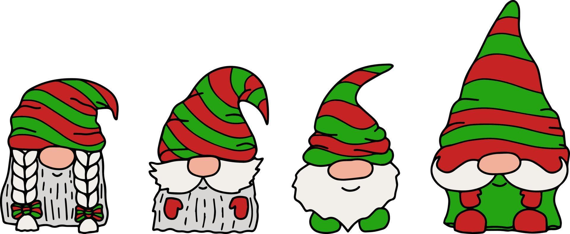 Vector collection little garden winter holiday fantasy gnomes. Magic dwarf with funny hat. Christmas and new year decoration