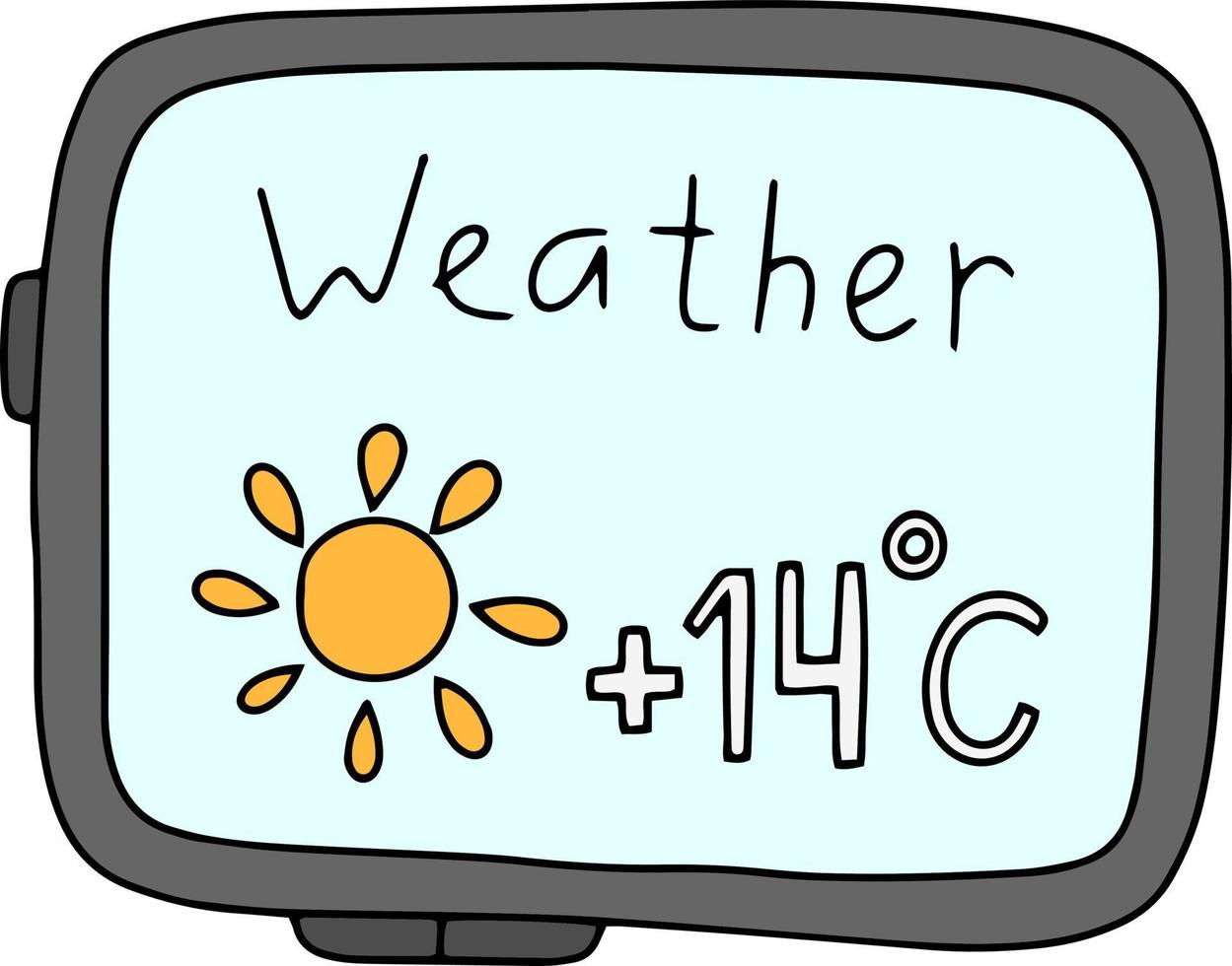 ilustración vectorial doodle tableta electrónica con información meteorológica. pantalla de tableta con widget del tiempo. vector