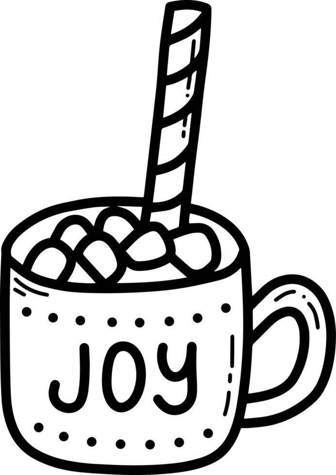 Doodle hot cocoa drink with murshmallow vector illustration. Tasty chocolate with sugar cane.