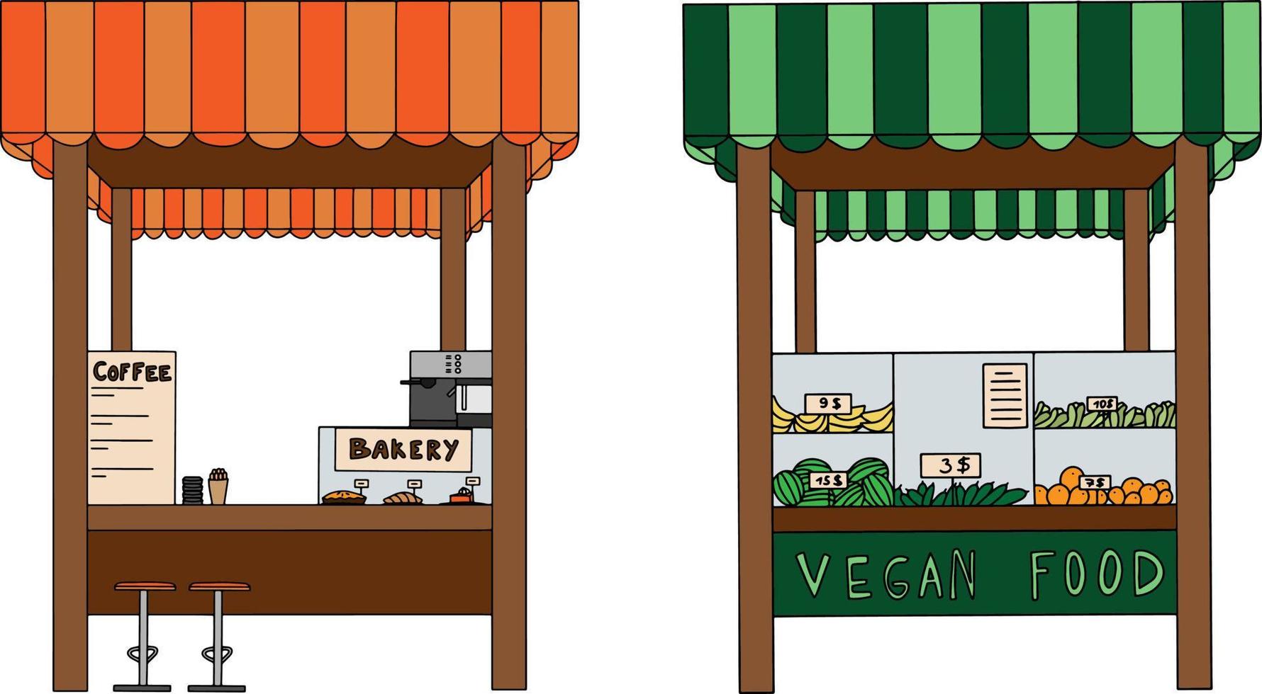 Vector illustrations stall markets with vegetables and coffee. Street shop collection. Commercial kiosk.