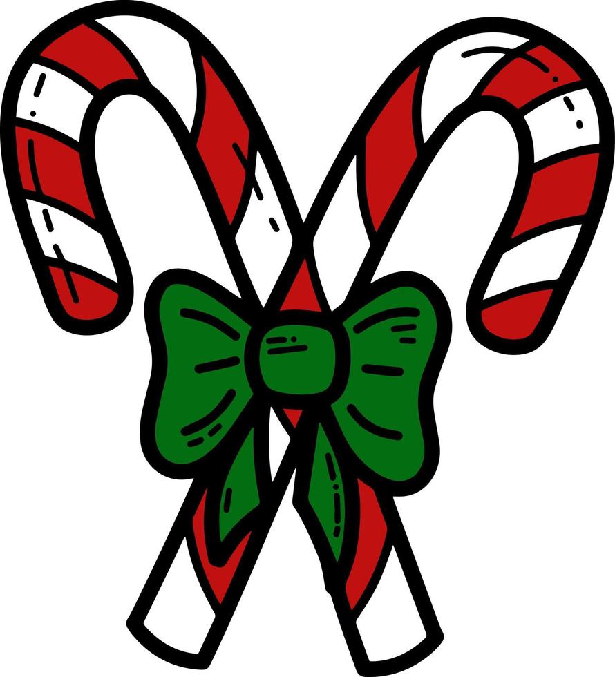 Doodle colorful candy canes with bow vector illustration. Christmas traditional decoration. Sweets for winter holidays