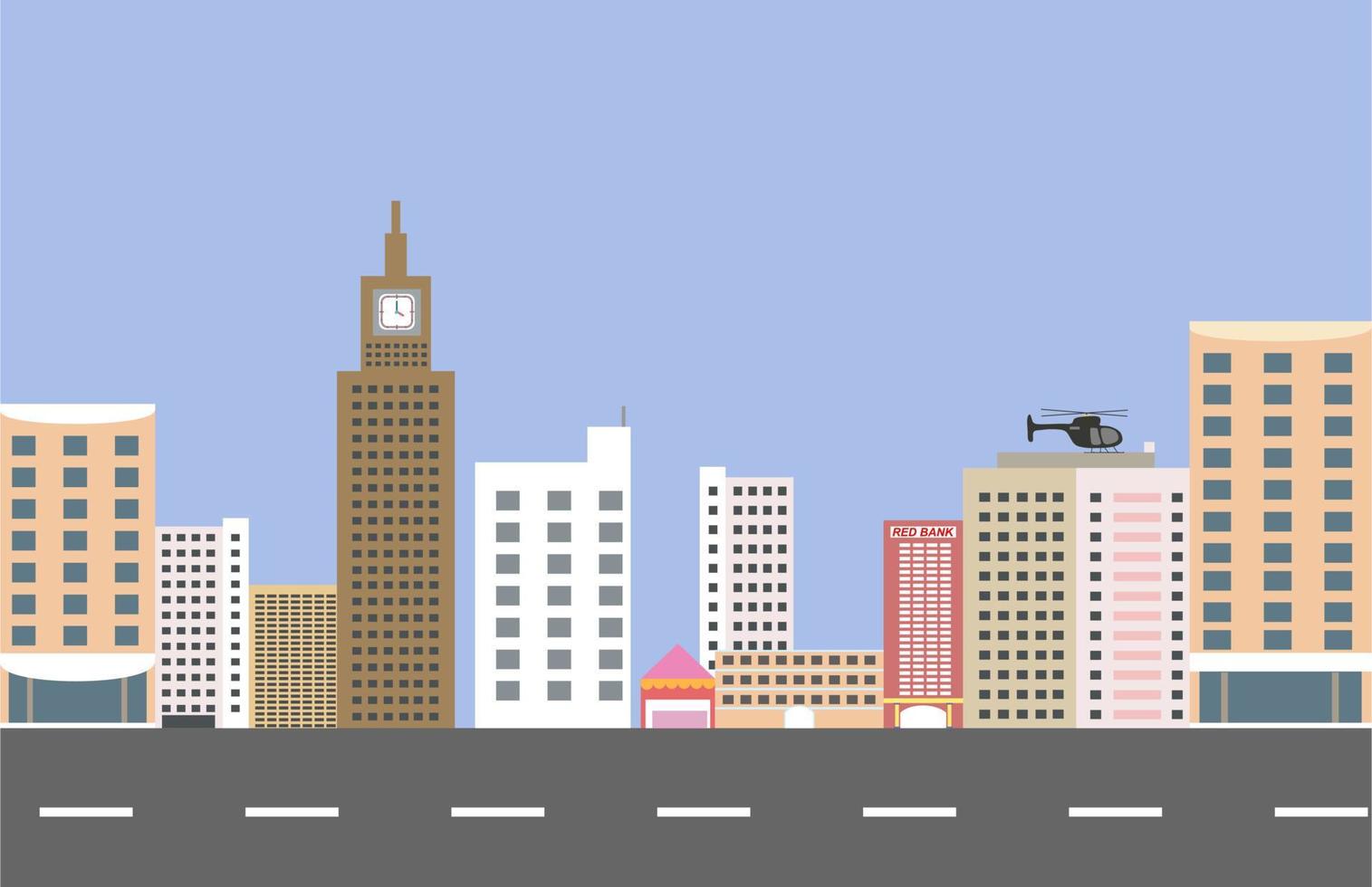 edificios de oficinas ciudad, urbano, paisaje, edificios de ciudad inteligente, rascacielos moderno, ilustración vectorial. con helicóptero, cielo azul y autopista. vector