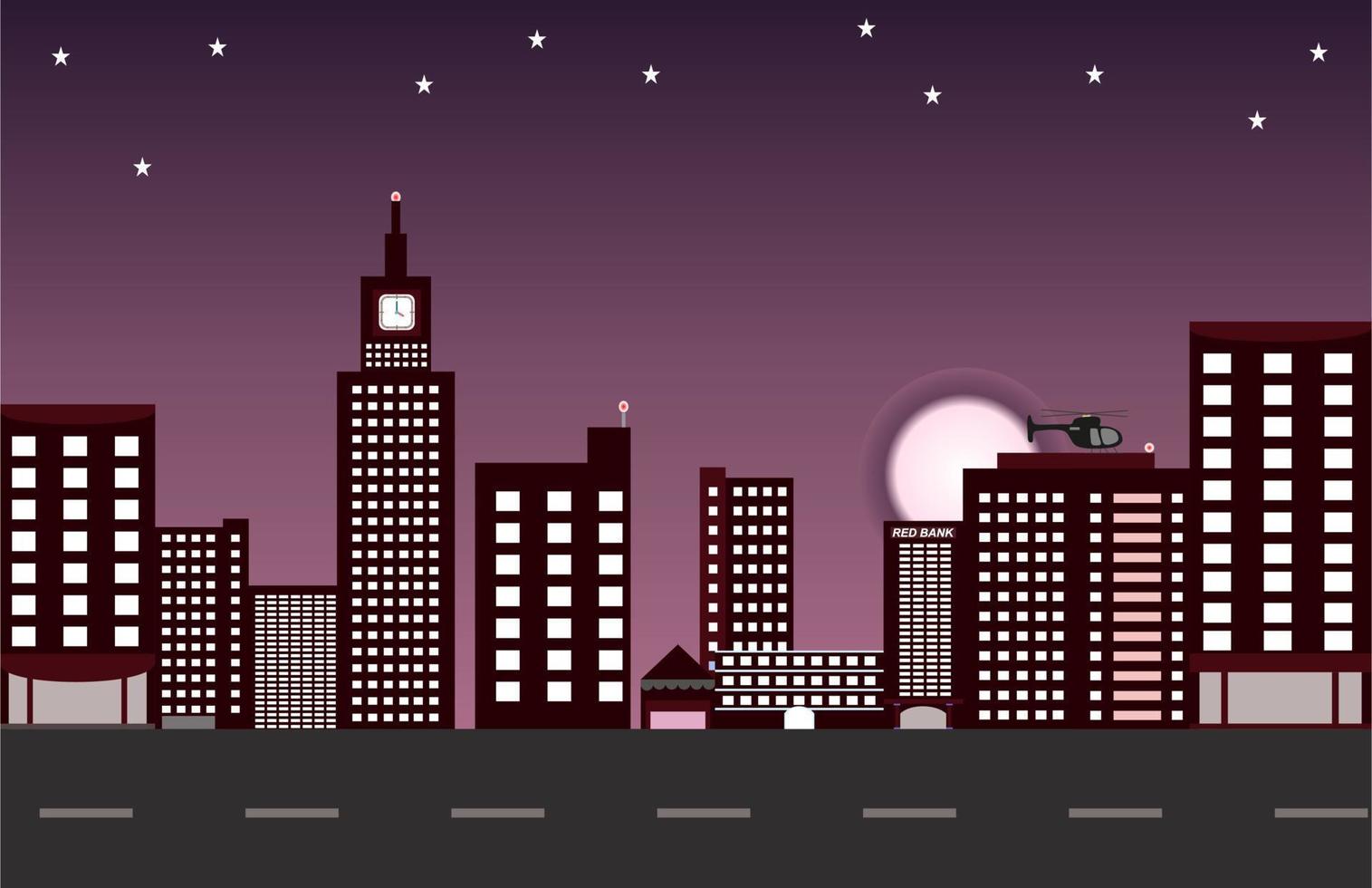 rascacielos de vista nocturna con helicópteros, luna y estrellas. ilustración vectorial, moderno edificio de oficinas con autopista. estilo de vida urbano vector