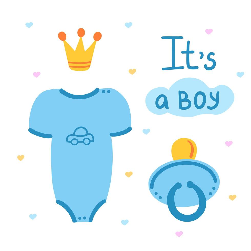 Its a boy. Bodysuit, pacifier, crown. Illustration for printing, backgrounds, covers, packaging, greeting cards, posters, stickers, textile, seasonal design. Isolated on white background. vector