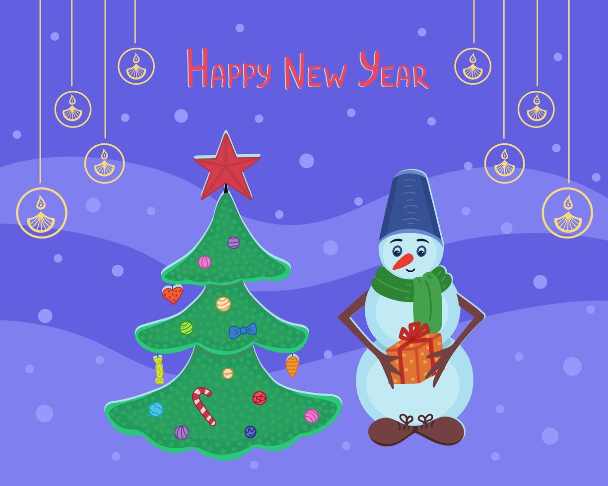 Gift card Happy New year, snowman, christmas tree, present. Illustration for printing, backgrounds, covers, packaging, greeting cards, textile, seasonal design. Isolated on white background. vector