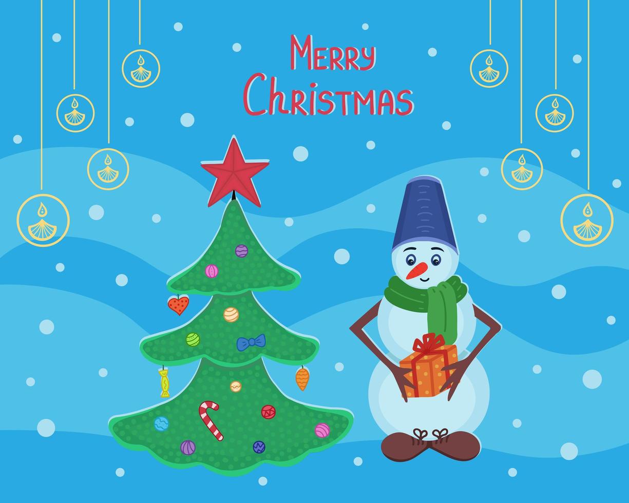 Gift card Merry Christmas, snowman, christmas tree. Illustration for printing, backgrounds, covers, packaging, greeting cards, posters, textile, seasonal design. Isolated on white background. vector